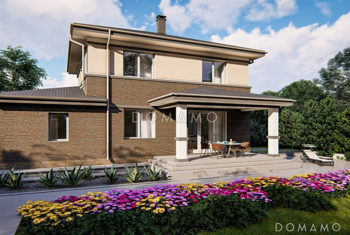 Проект дома с облицовкой первого этажа кирпичом, гаражом на одну машину, гостиной с выходом на террасу