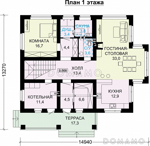 Проект дома из газобетона с панорамными окнами и натуральной черепицей / План 1 этажа
