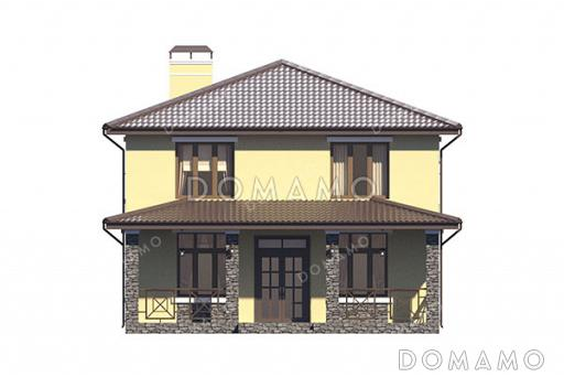 Проект двухэтажного дома с 4 спальнями, кабинетом, просторной кухней-гостиной и длинной крытой террасой / Фасад 1