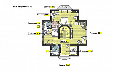 Проект дома с бассейном и просторной комнатой отдыха в цокольном этаже, сауной, гаражом на два автомобиля, открытой террасой, столовой с эркером / План 2 этажа