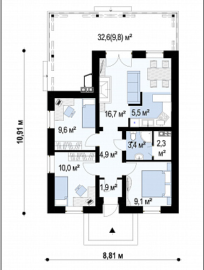 Проект компактного одноэтажного дома из кирпича с барбекю на большой террасе / План 1 этажа