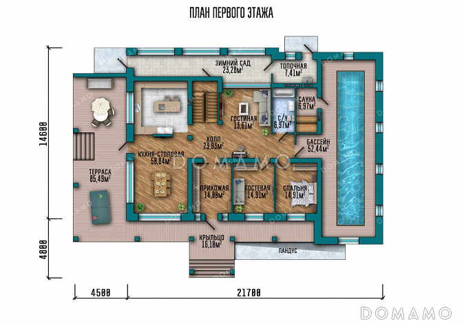 Проект дома с сауной, бассейном и зимним садом / План 1 этажа