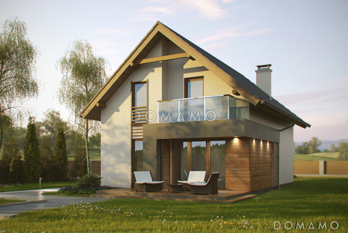 Проект компактного одноэтажного мансардного дома из кирпича с двумя балконами и тремя спальнями