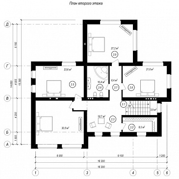 Проект особняка с цокольным этажом, гаражом на две машины, пятью спальнями и террасой с барбекю / План 2 этажа