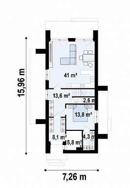 Проект загородного дома с комнатой и гардеробом на первом этаже, тремя спальнями на мансарде, просторной обеденной зоной / План 1 этажа