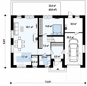 Проект одноэтажного мансардного дома из кирпича простой формы с кабинетом и встроенным гаражом / План 1 этажа