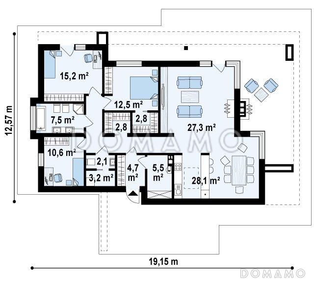 Проект одноэтажного дома из кирпича с плоской крышей, большой площадью остекления и крытой террасой, увеличенная версия / План 1 этажа