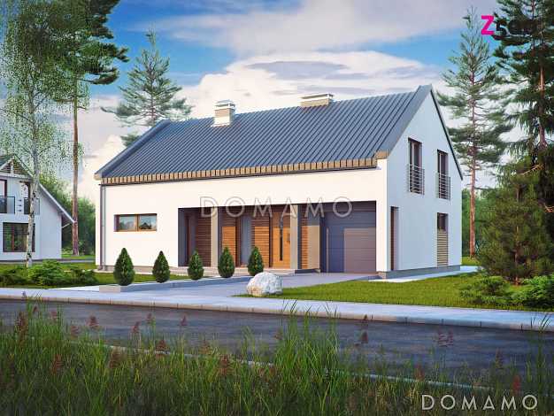 Проект просторного современного одноэтажного мансардного дома из газобетона с большой кухней-столовой, четырьмя комнатами и гаражом 