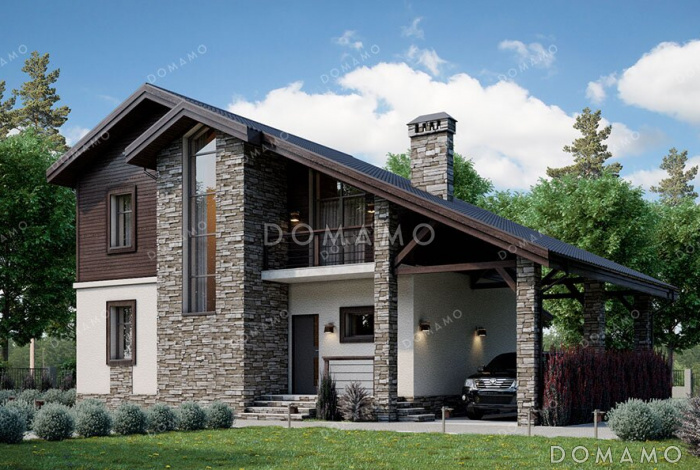 Проект дома с мансардой, светлым панорамным окном на два этажа и навесом для автомобиля