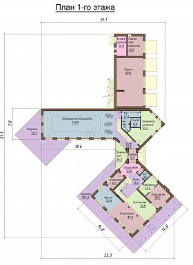 Проект большого двухэтажного дома с цокольным этажом, гаражом на три автомобиля, бассейном и зимним садом / План 1 этажа