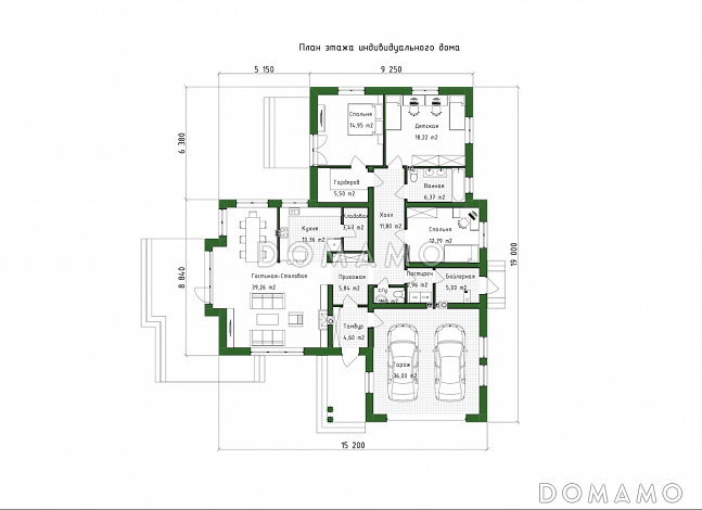 Проект дома из газобетона с двухместным гаражом и двумя террасами / План 1 этажа