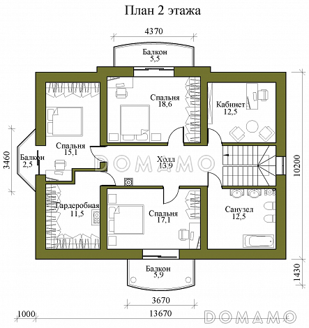 Проект двухэтажного газобетонного дома с тремя балконами, округлыми террасой и крыльцом / План 2 этажа