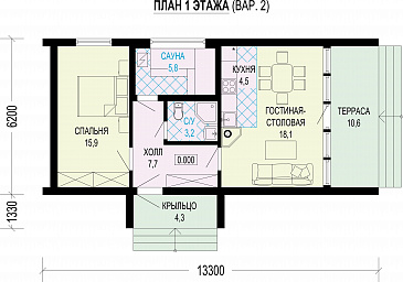 Проект дома в стиле барнхаус с сауной, спальней и кухней-гостиной-столовой / План 1 этажа