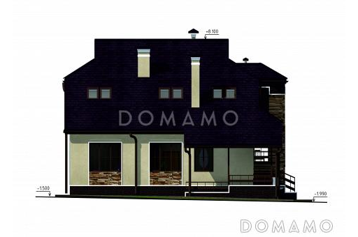 Проект дома с цокольным и мансардным этажами, с круглым эркером и террасой / Фасад 4