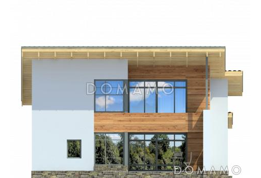 Проект дома с односкатной крышей, панорамными окнами, кухней с выступом для рабочей зоны, просторной гостиной, двумя балконами / Фасад 4