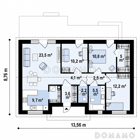 Проект одноэтажного дома с двумя санузлами и тремя комнатами, окном на кухне / План 1 этажа