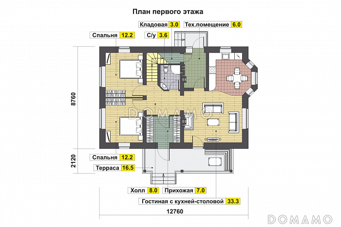 Проект дома с двумя спальнями на первом этаже, эркером, крытой террасой / План 1 этажа