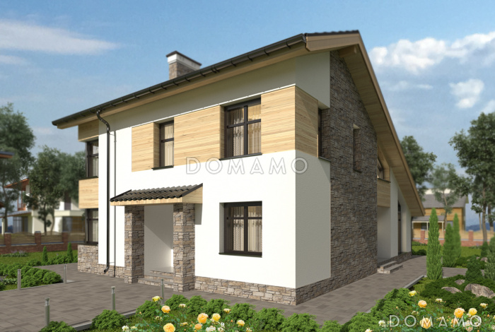 Проект дома с парной, террасой по длине дома, спальней на первом этаже, спортзалом