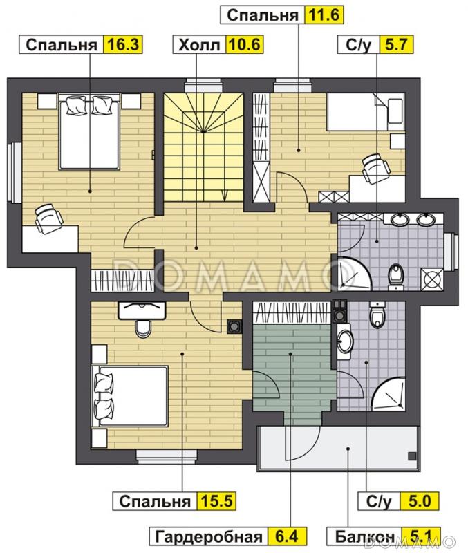 Проект дома с крытой террасой, гостиной с камином, спальней на первом этаже, балконом / План мансардного этажа
