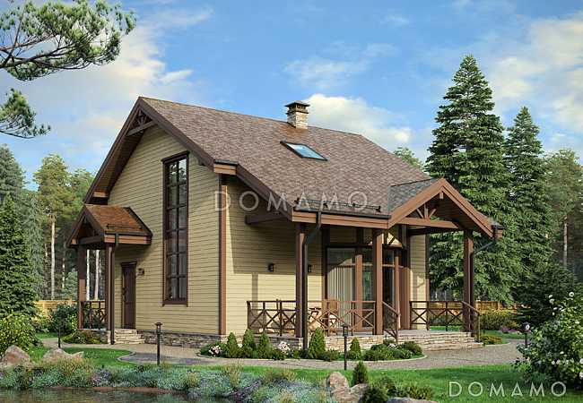 Проект дома с гостевой на первом этаже, гостиной с кухней-столовой, крытой террасой, кладовой в эркере мансардного этажа