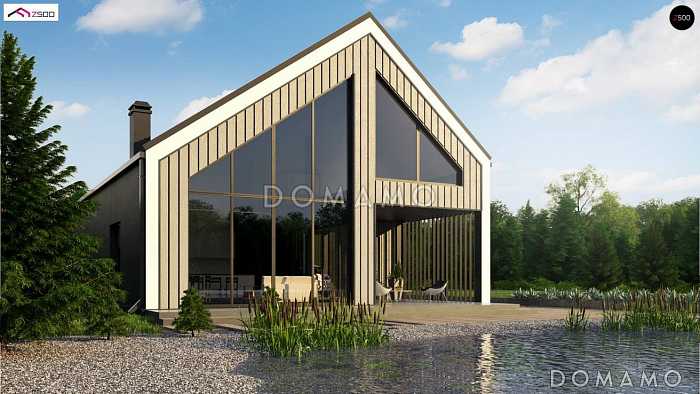 Проект современного одноэтажного мансардного коттеджа из кирпича с большой площадью остекления, вторым светом и навесом для двух автомобилей