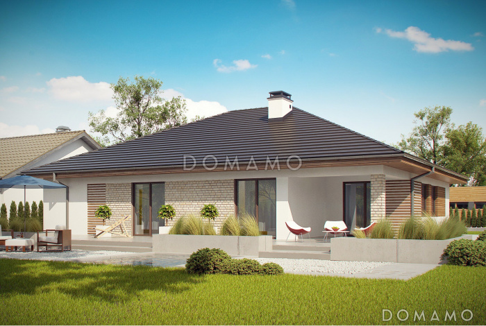 Проект просторного одноэтажного дома из газобетона с большой гостиной, тремя спальнями, кабинетом и гаражом на два автомобиля