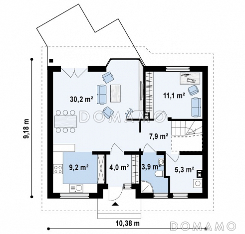 Проект одноэтажного мансардного дома из кирпича с кабинетом, тремя спальнями и эркером в гостиной / План 1 этажа