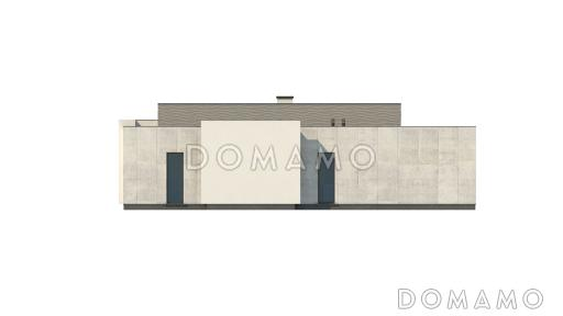 Проект современного одноэтажного дома из газобетона с плоской крышей с тремя спальнями, частично крытой террасой и одноместным гаражом / Фасад 4