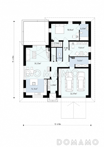 Проект просторного одноэтажного мансардного дома из кирпича с кабинетом, спальнями на обоих этаж и гаражом на два автомобиля / План 1 этажа