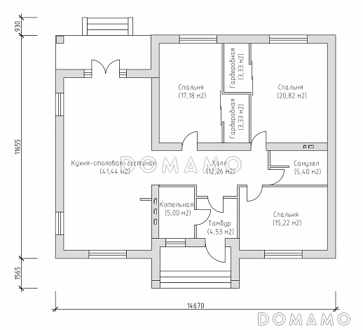Проект компактного одноэтажного дома с тремя спальнями и большой гостиной / План 1 этажа