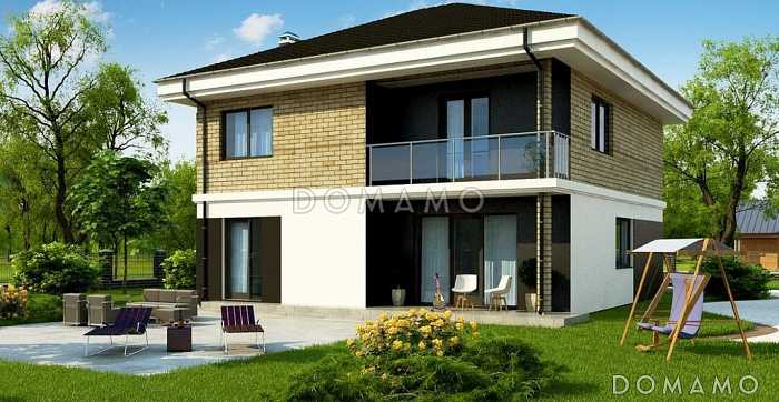 Проект загородного дома с террасой и балконом, кладовыми, просторной ванной с окном на втором этаже