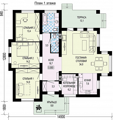 Проект одноэтажного газобетонного загородного дома / План 1 этажа