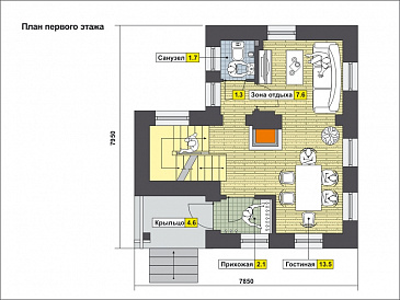 Проект малогабаритного дома с кладовой в подвале, зоной отдыха, двумя спальнями, окном в ванной / План 1 этажа