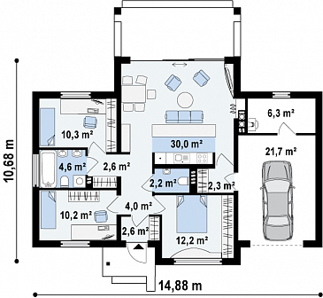 Проект одноэтажного дома из газобетона со встроенным гаражом  / План 1 этажа