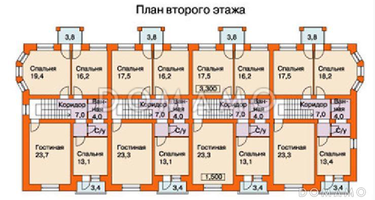 Проект таунхауса на четыре семьи / План 2 этажа