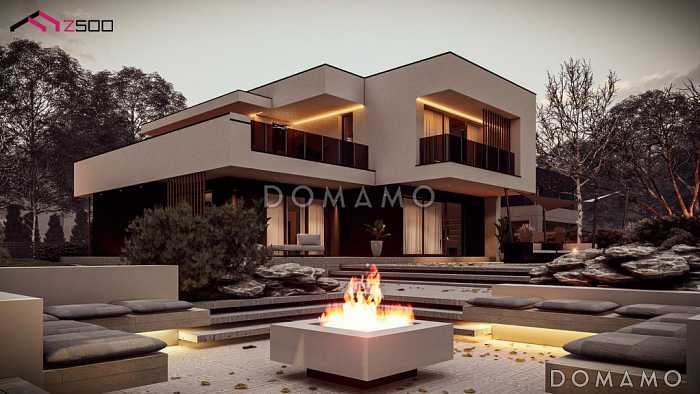 Проект современного дома с гаражом для автомобиля, кабинетом, террасой на втором этаже