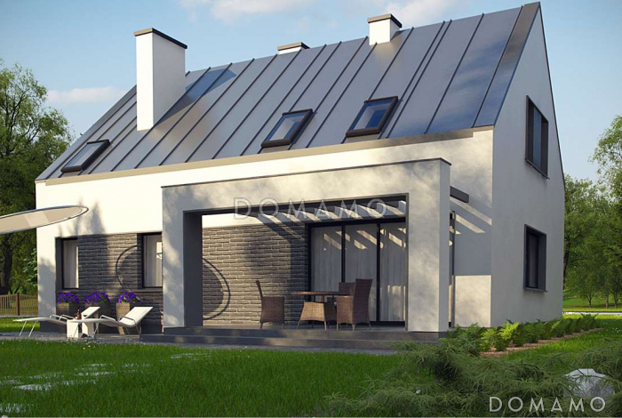 Проект одноэтажного мансардного дома из кирпича в современном стиле, со встроенным гаражом