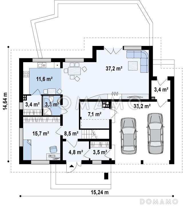 Проект просторного одноэтажного мансардного коттеджа из газобетона с пятью спальнями и гаражом на два автомобиля / План 1 этажа