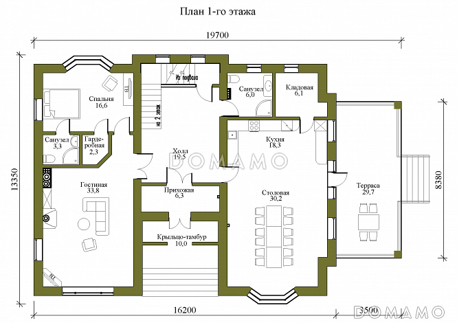 Проект двухэтажного дома в стиле фахверк с подвалом и лаундж-зоной / План 1 этажа