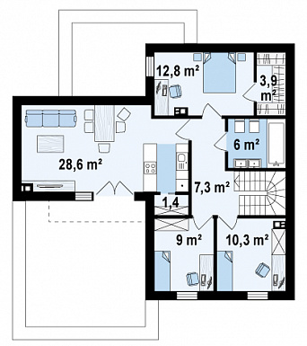 Проект современного комфортного двухэтажного дома из газобетона для двух семей с квартирами на разных этажах и общим гаражом с двумя въездами / План 2 этажа
