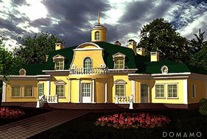 Проект двухэтажного дома из кирпича с правым и левым крылом