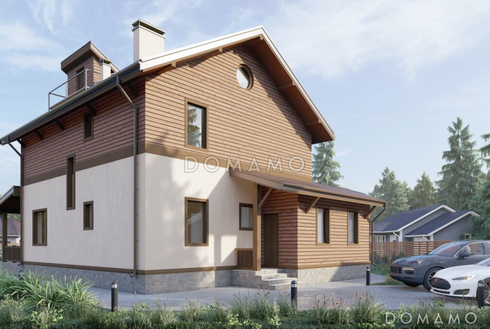 Проект двухэтажного дома с 5 спальнями, террасой, пристроенной мастерской и люкарной с балконом