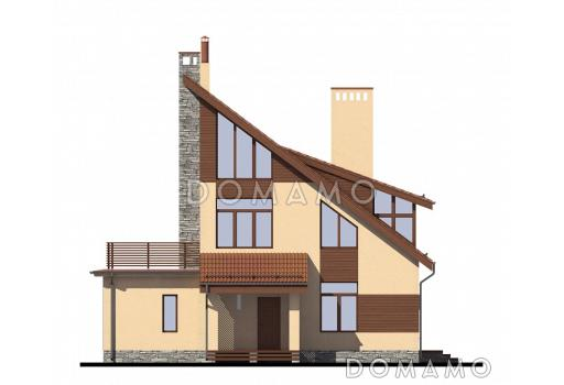 Проект дома с односкатной крышей, большим балконом и сауной / Фасад 1