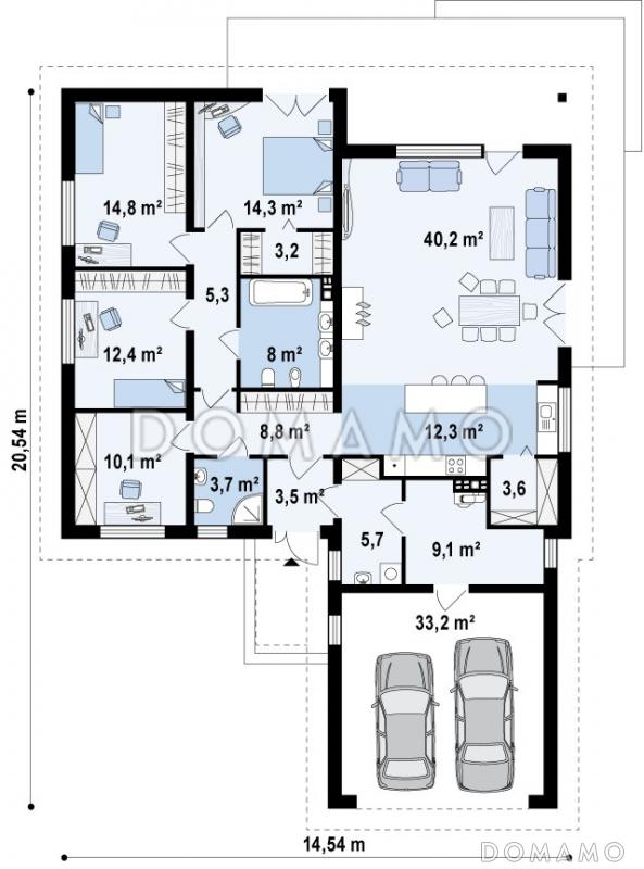 Проект удобного одноэтажного дома из кирпича с тремя спальнями, кабинетом и фронтальным гаражом / План 1 этажа