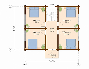 Проект двухэтажного дома из клееного бруса с относительно небольшой площадью / План мансардного этажа