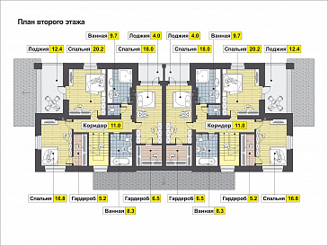 Проект загородного дома с изолированной кухней, крытой террасой, лоджиями, вторым светом / План 2 этажа
