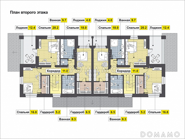 Проект загородного дома с изолированной кухней, крытой террасой, лоджиями, вторым светом / План 2 этажа