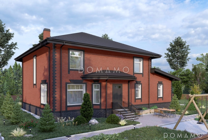 Проект кирпичного дома с 2 эркерами, 5 спальнями и гостиной с камином