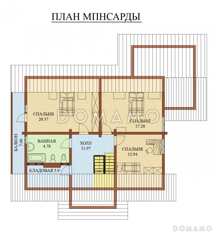 Проект дома из оцилиндрованного бревна, с мансардным этажом и зимним садом / План мансардного этажа