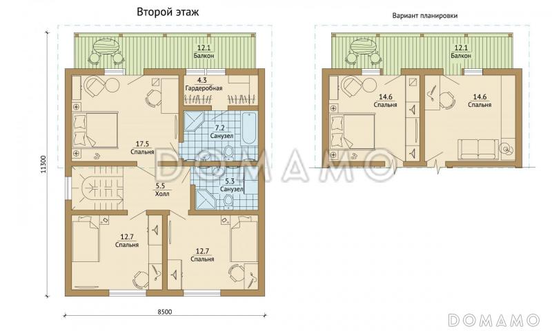 Проект каркасного дома с большим балконом на мансардном этаже / План мансардного этажа